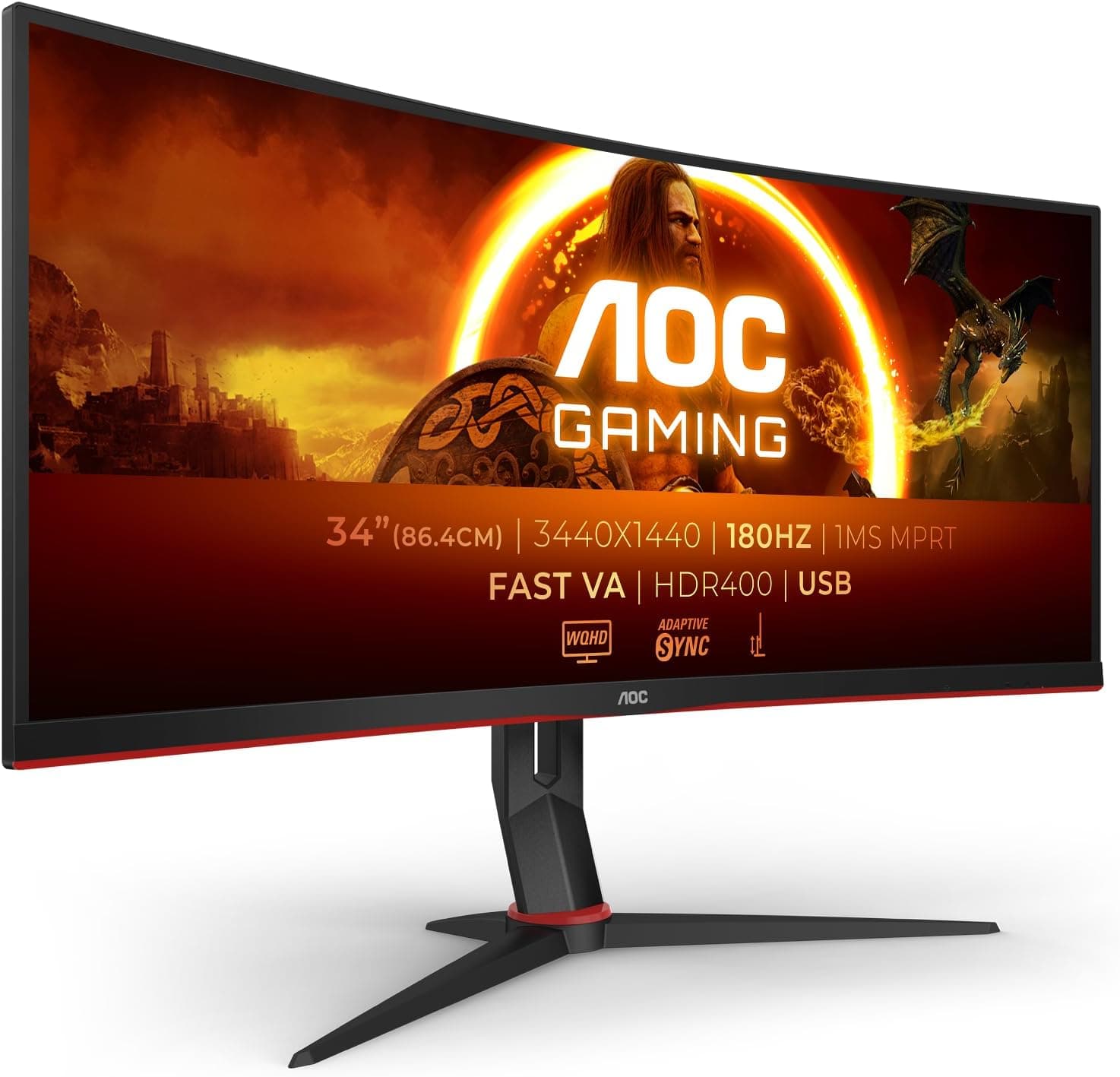 AOC Gaming CU34G2XPD Monitor curvo WQHD de 34 polegadas, 180 Hz, Fast VA, 1 ms GTG, FreeSync Premium, HDR400, suporte de altura ajustável (3440 x 1440, HDMI, DisplayPort, USB Hubb. )