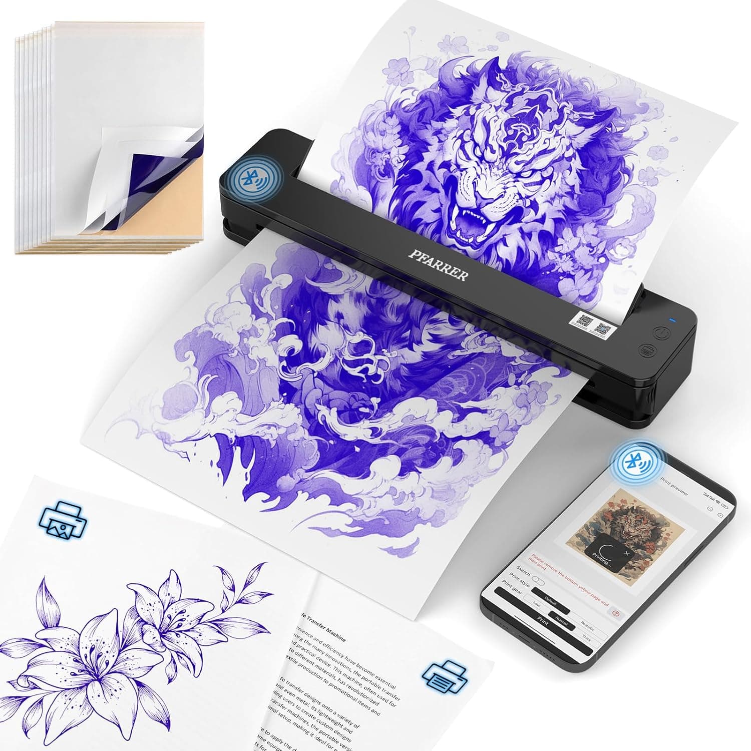 PFARRER Termocopiadora Tattoo Impressora Tattoo sem fios impressora térmica Tattoo, Stencil Tattoo Transfer, impressora térmica com 10 papéis de transferência T106P-EU