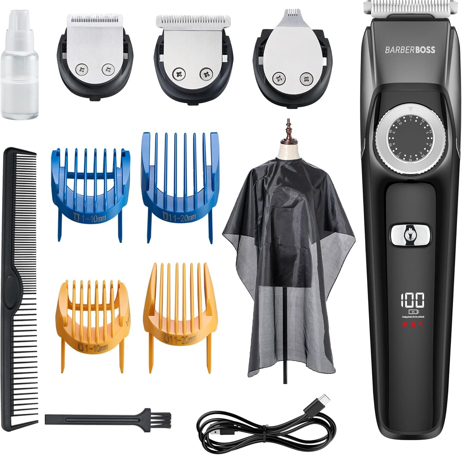 Kit de higiene facial 3 em 1 BarberBoss, corta-papos, detalhe e aparador de barba, aparador de cabelo para homens, mostrador de controlo de precisão, 4 pentees-guia, 100% impermeável, QR-6086