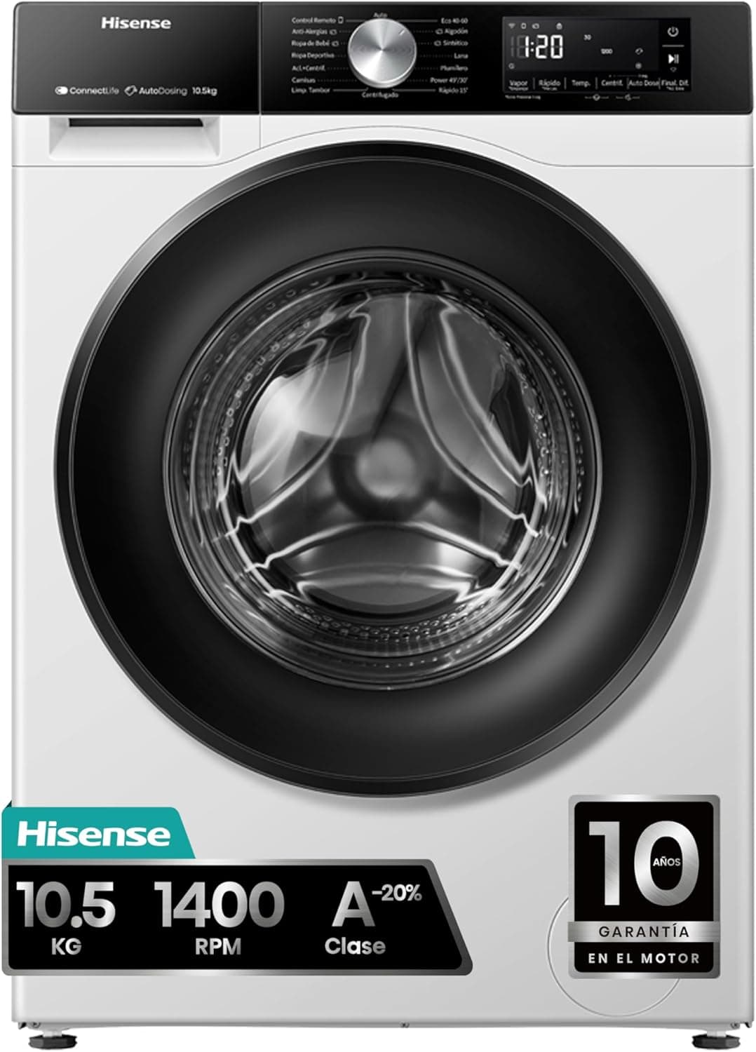 Hisense WF3S1045BW3 | Máquina de lavar roupa 10,5 kg Classe A com doseador automático, Wi-Fi e função vapor higiene