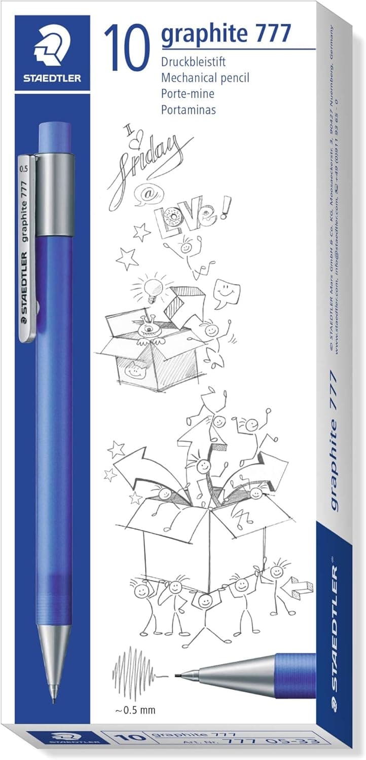 Staedtler Staedlr777 05-33 grafite lápis mecânico cheio de minas, diâmetro de chumbo 0,5 mm, caule, cor e azuis, 10 peças numa caixa de cartão
