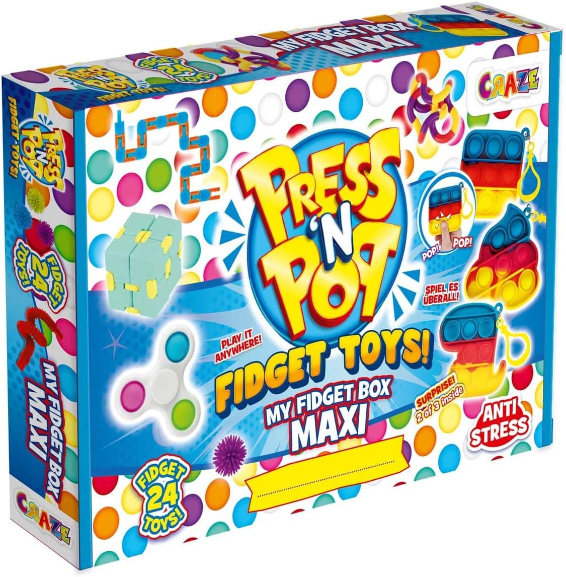 CRAZE Press N POP Maxi Box | Conjunto de 24 fidget spinner sensoriais para crianças, alívio de stress e ansiedade
