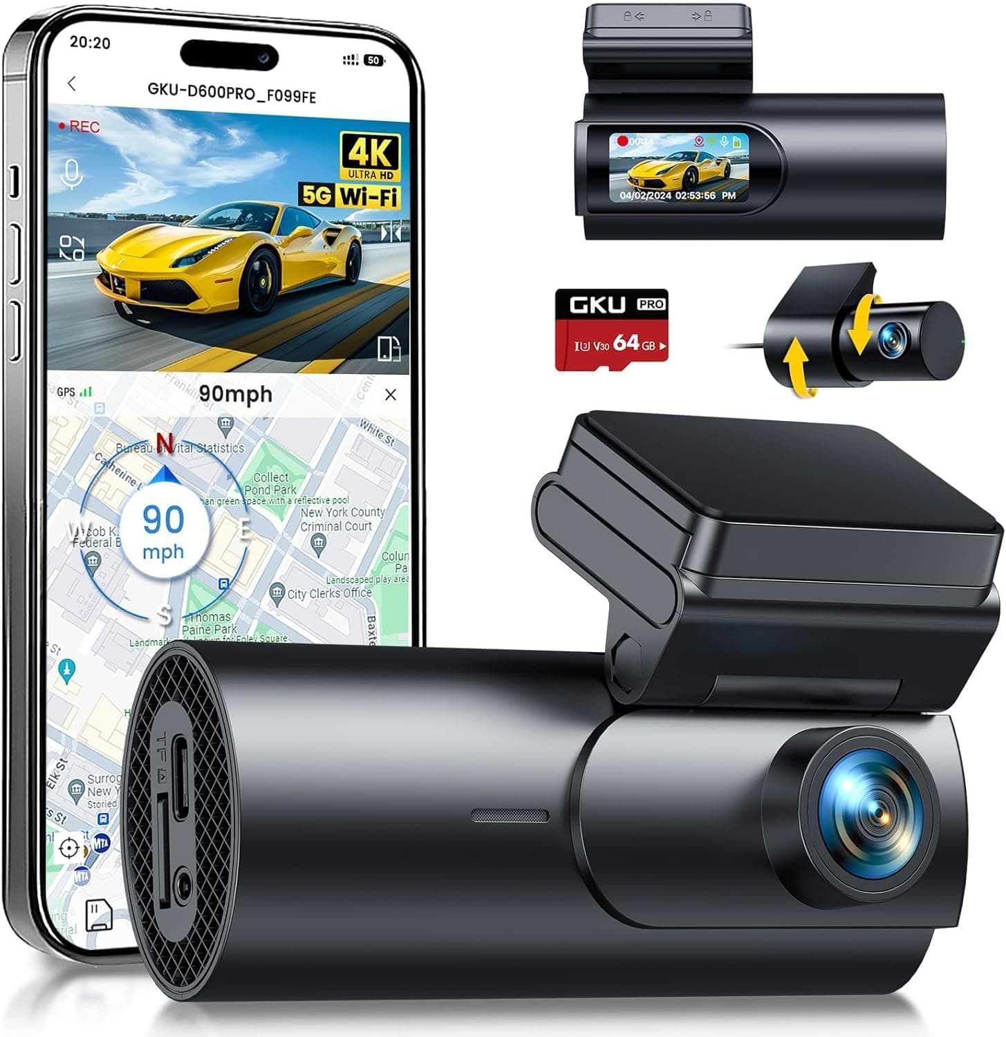 GKU 4K Dashcam, 5G WiFi GPS, Duplo Dash CAM carro, 1,5'' IPS mini câmara gravador de carro com cartão SD de 64 GB, modo de estacionamento, visão noturna, WDR, 170 ° grande angular, sensor G, 