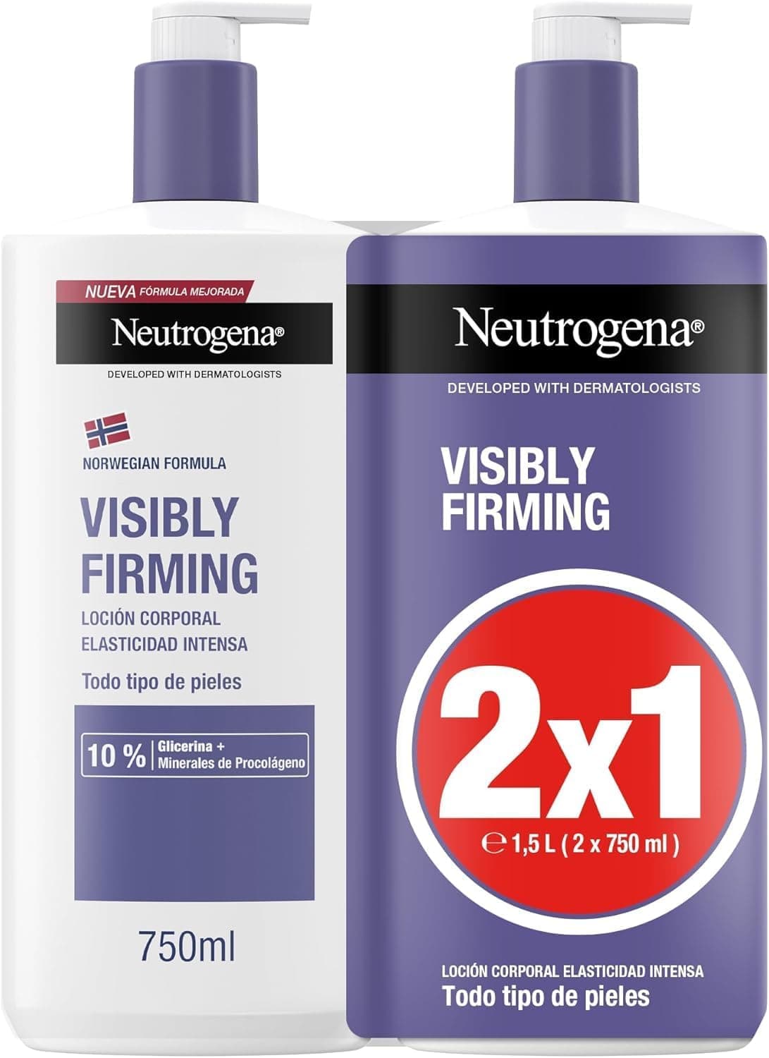 Neutrogena Fórmula norueguesa loção visivelmente reafirmante (embalagem de 2 x 750 ml), loção hidratante corporal para todos os tipos de pele, loção corporal com glicerina e minerais de procolagénio