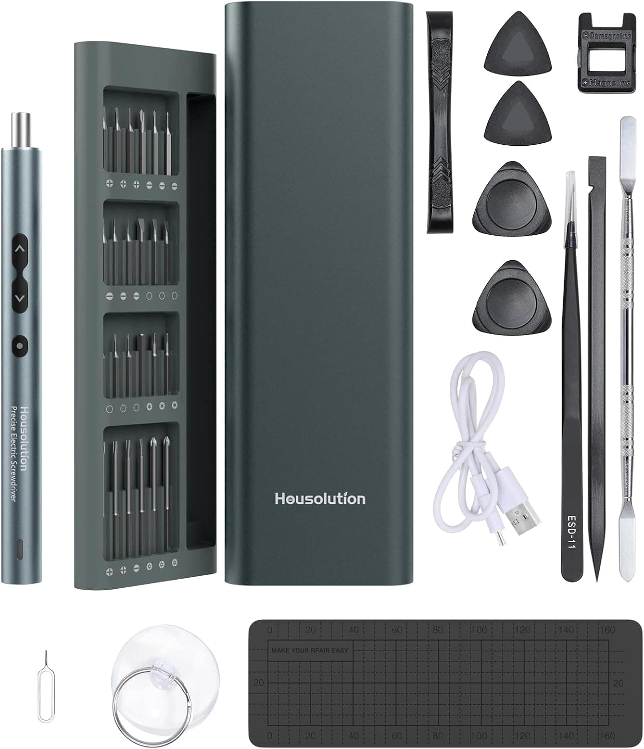 Housolution Conjunto de mini chave de fenda elétrica de precisão, 62 em 1 kit de chave de fenda de reparação magnética profissional com 48 brocas de precisão LED luz para telemóvel tablet relógios,