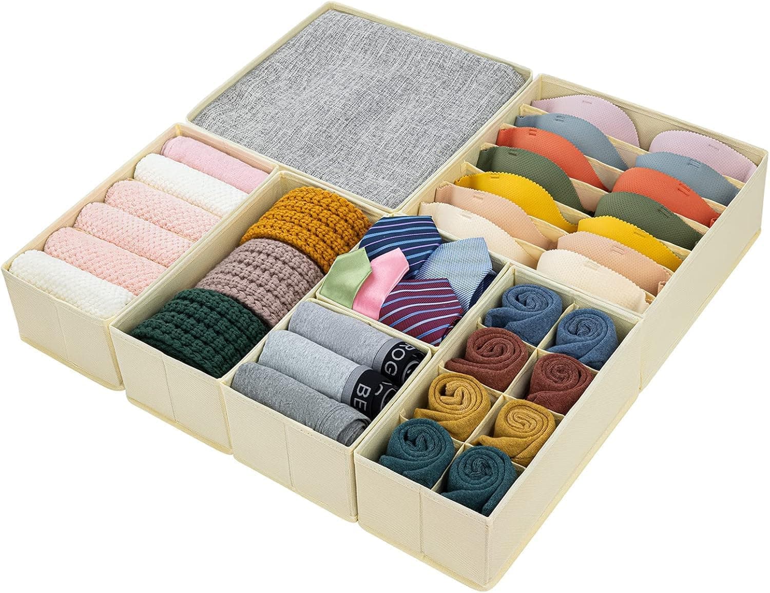 DIMJ Organizador gavetas conjunto de 7 caixas de armazenamento dobráveis de tecido para guardar roupas, caixas organizadoras de armazenamento de gavetas divisórias, bege