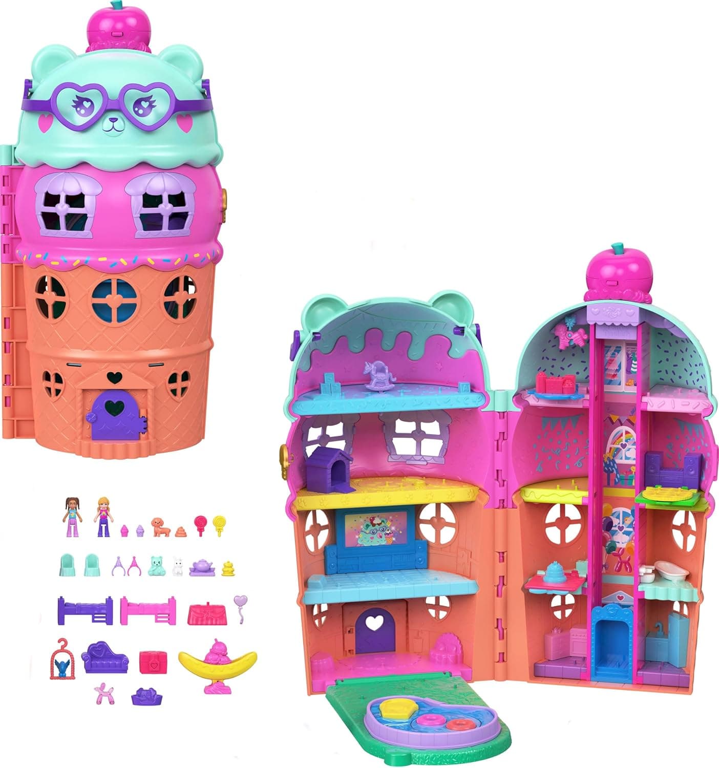 Polly Pocket Minibonecas e conjunto de conjuntos de casa de gelado grande, tema de urso de gelado com mais de 25 acessórios, incluindo móveis, alimentos e animais de estimação, JKB89