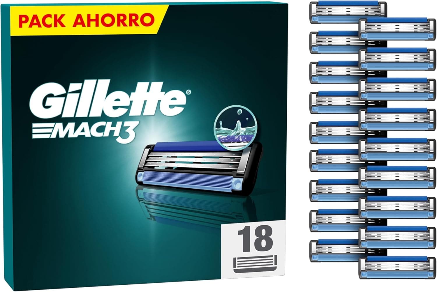 Gillette Mach3 Pack de 18 peças sobressalentes para máquinas de barbear para homem, lâminas de barbear com 3 folhas e faixa de lubrificante, compatível com todos os manípulos Mach3