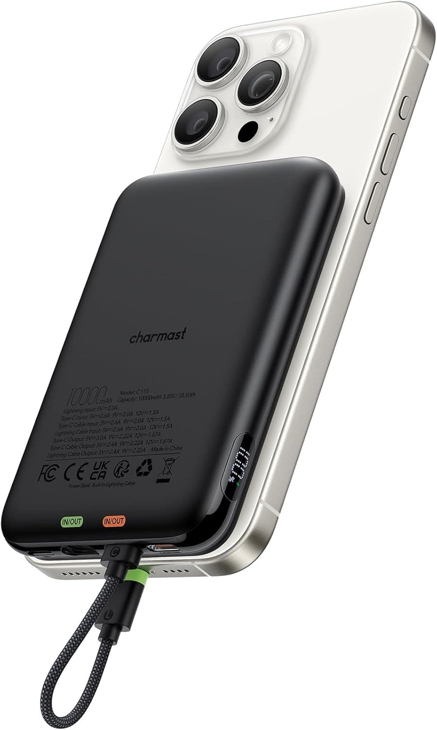 Charmast - Bateria externa (10000 mAh, carregamento rápido, 20 W, com cabo integrado, carregador magnético portátil, não sem fio, compatível com ecrã LED, compatível com iPhone Samsung, cor preta