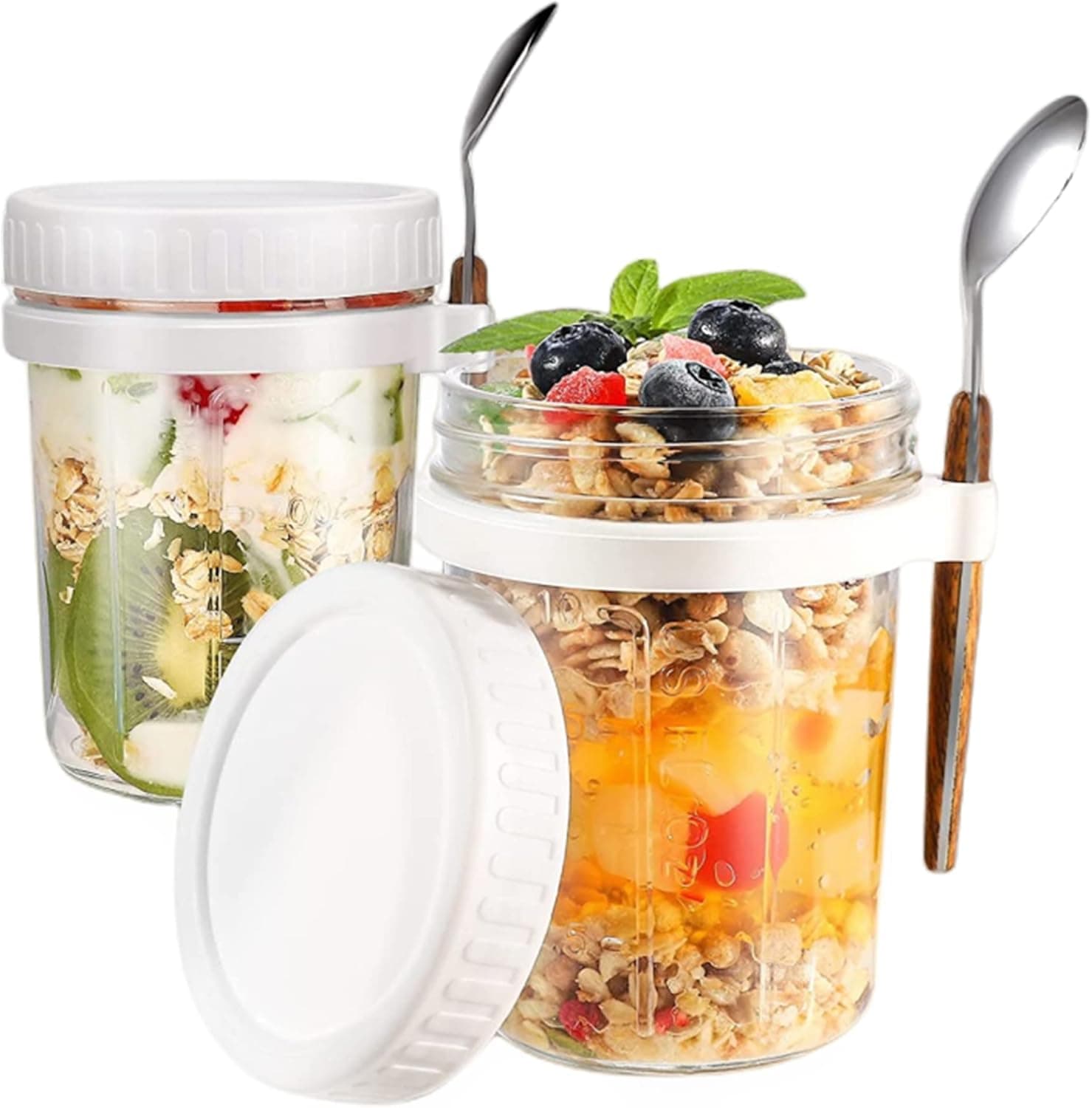 BIKALAN Copo de cereais de vidro para levar com colher, 400 ml, copo de iogurte Overnight Oats, recipiente hermético para iogurte, cereais, aveia, leite e frutas (branco)