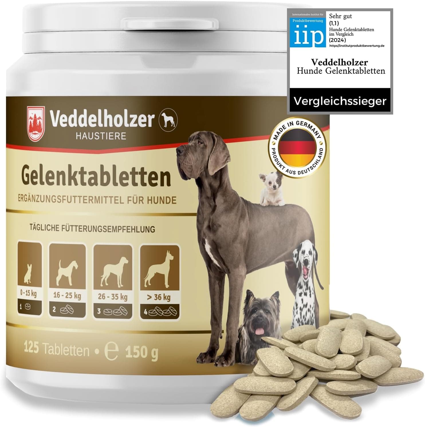 Veddelholzer comprimidos condroprotetor para articulações dos cães, com MSM, harpagófito glucosamina colagénio para fortalecer os ossos, fabricados na Alemanha, 125 cápsulas com hialurão e ômega3