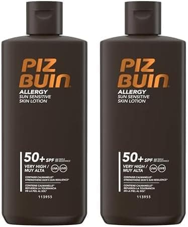 PIZ BUIN Allergy Protetor solar corporal SPF 50+, proteção muito alta para peles sensíveis, loção corporal, proteção UVA/UVB, absorção rápida, 200 ml (embalagem de 2)