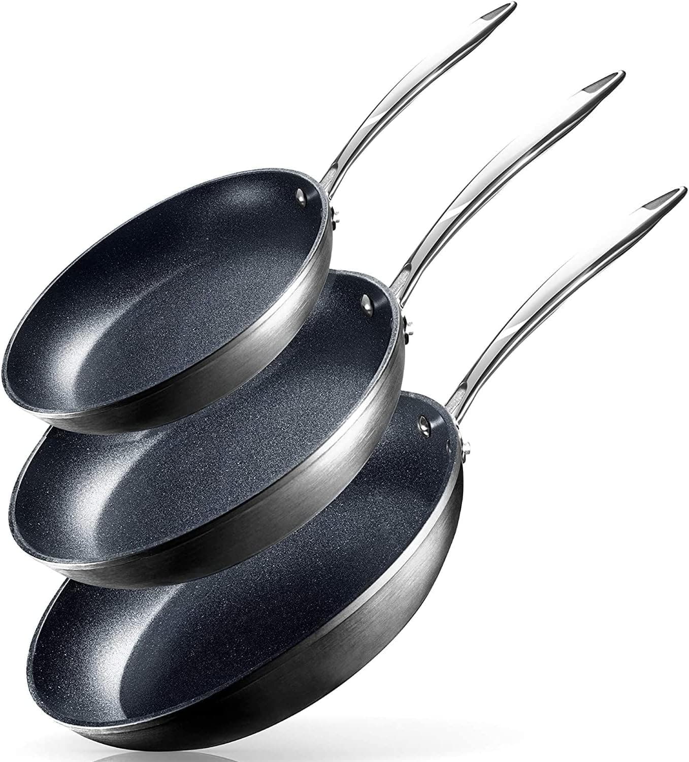Granitestone - Conjunto anodizado rígido, frigideira de 8, 10 e 12, livre de PFOA, adequado para forno, máquina de lavar louça e utensílios de metal, frigideiras antiaderentes, 3 peças, pretas