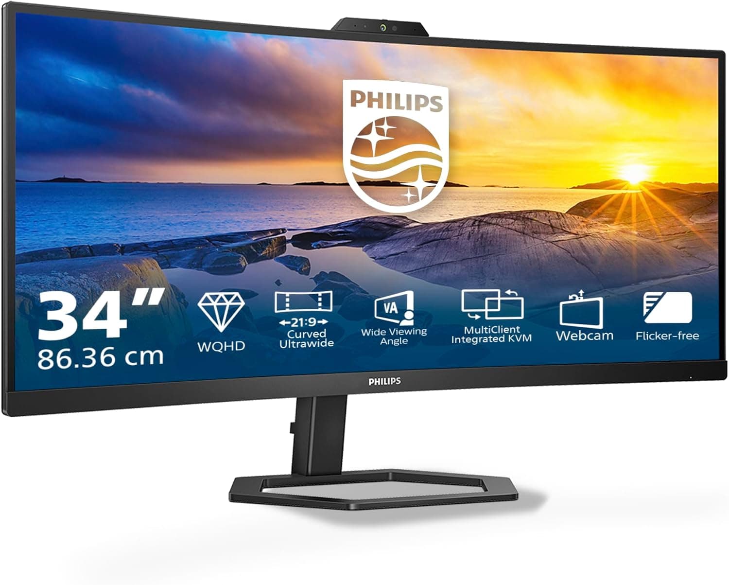 Philips 34E1C5600AM Monitor curvo WQHD de 34 polegadas, webcam, altura regulável, altifalante (3440 x 1440, 100 Hz, HDMI, DisplayPort, USB-C, USB Hub) preto