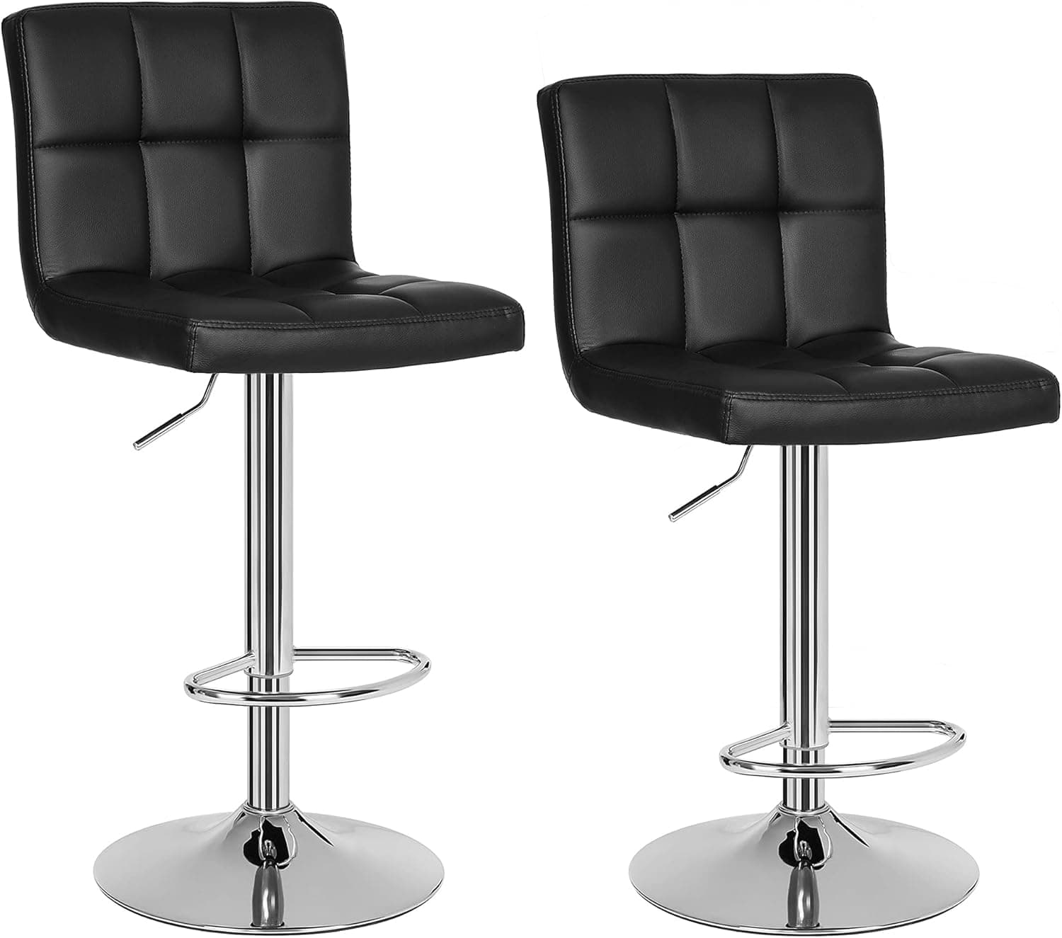 SONGMICS Banqueta de bar conjunto de 2, cadeiras de bar reguláveis em altura em pele sintética, banco de cozinha giratório em 360° com encosto e apoios para os pés, aço cromado, preto LJB64B