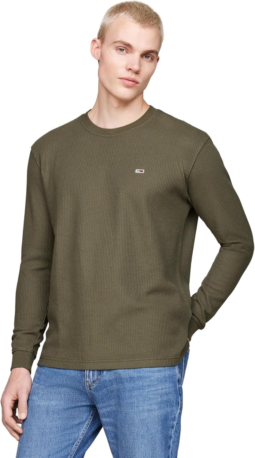 Tommy Jeans T-shirt de manga comprida para homem regular Fit Waffle com gola redonda