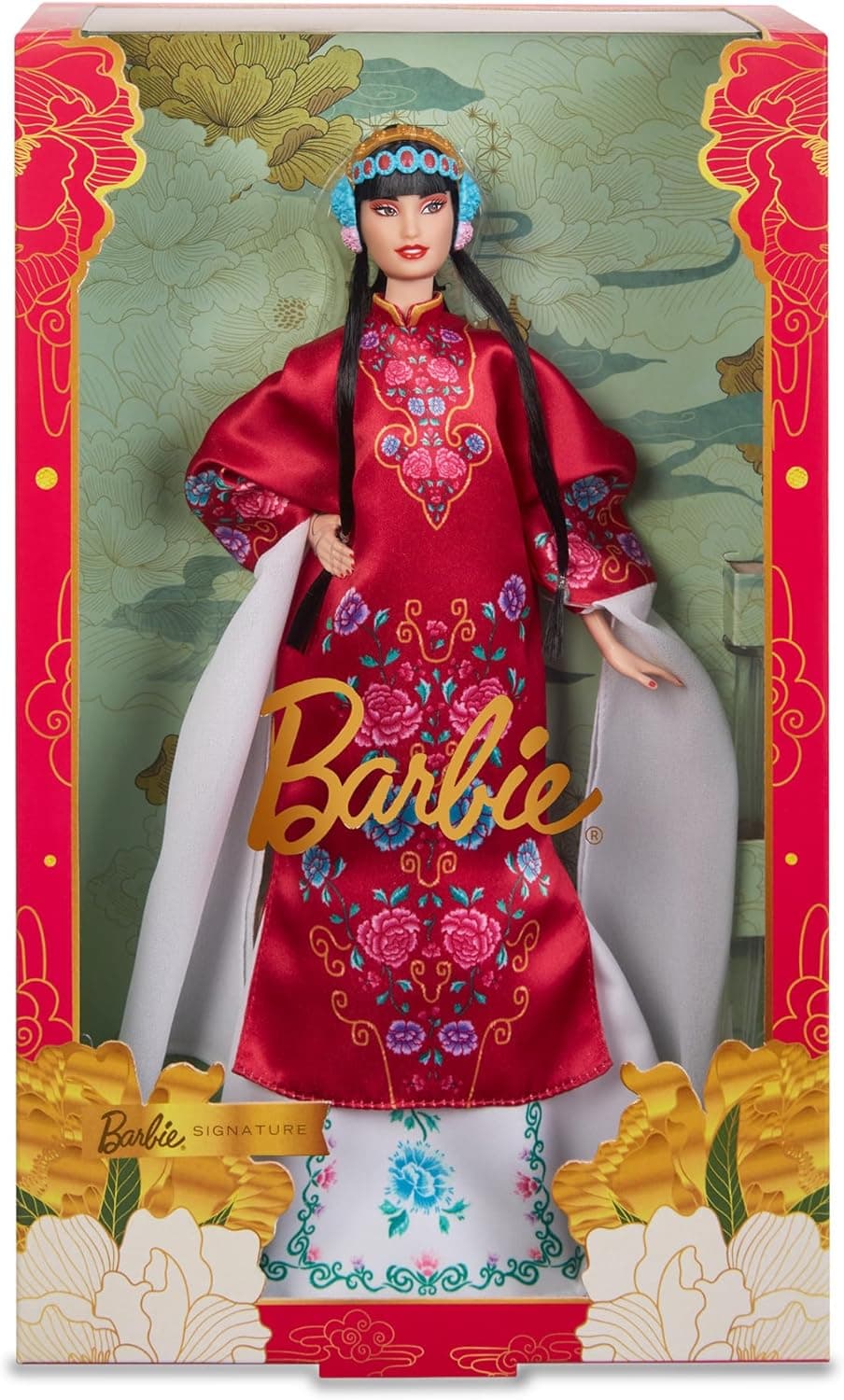 Barbie Ano Novo Lunar, boneca asiática com cabelo preto e fato tradicional vermelho com flores, coleção assinatura, brinquedo colecionável, presente para adultos e 6 anos (HRM57)