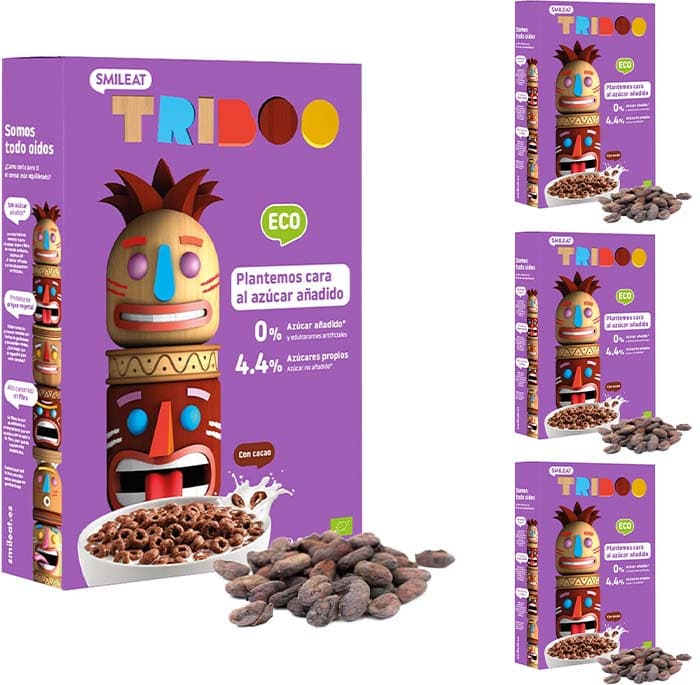 Smileat TRIBOO | cereais ecológicos e integrais para crianças, sabor a cacau, feitos com ingredientes 100% naturais, saudável e saudável, lanche saudável, 300 g x 4