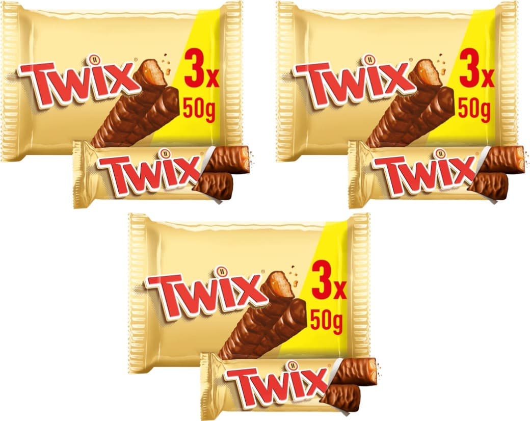 TWIX Barrinhas de chocolate recheadas com caramelo e bolacha saco 3 unidades 150 g x 3