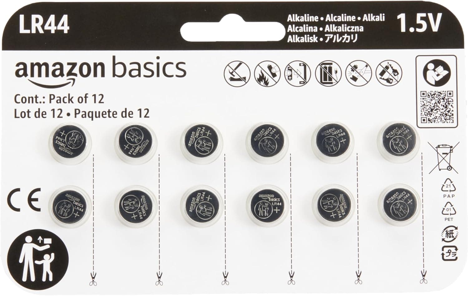 Amazon Basics - Pacote de 12 pilhas alcalinas de botão LR44 de longa duração, 1,5 volts, sem mercúrio