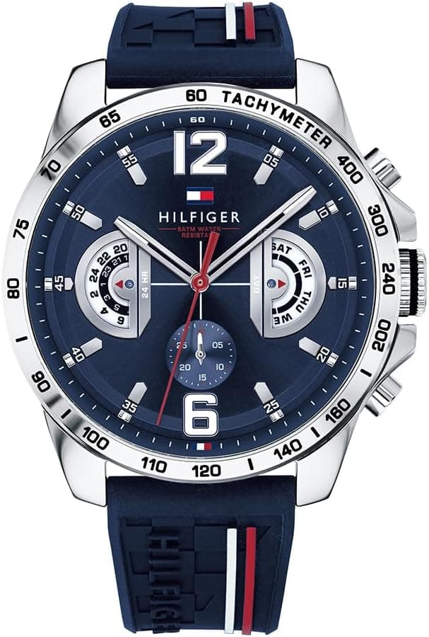 Tommy Hilfiger Relógio analógico de quartzo multifuncional para homem com correia em silicone, aço inoxidável ou pele