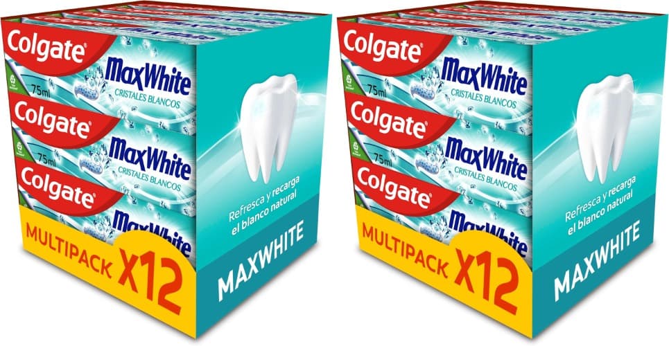 Colgate Max White Cristales Blancos | Pasta de dentes branqueadora com proteção anticáries e 12 tubos de 75 ml
