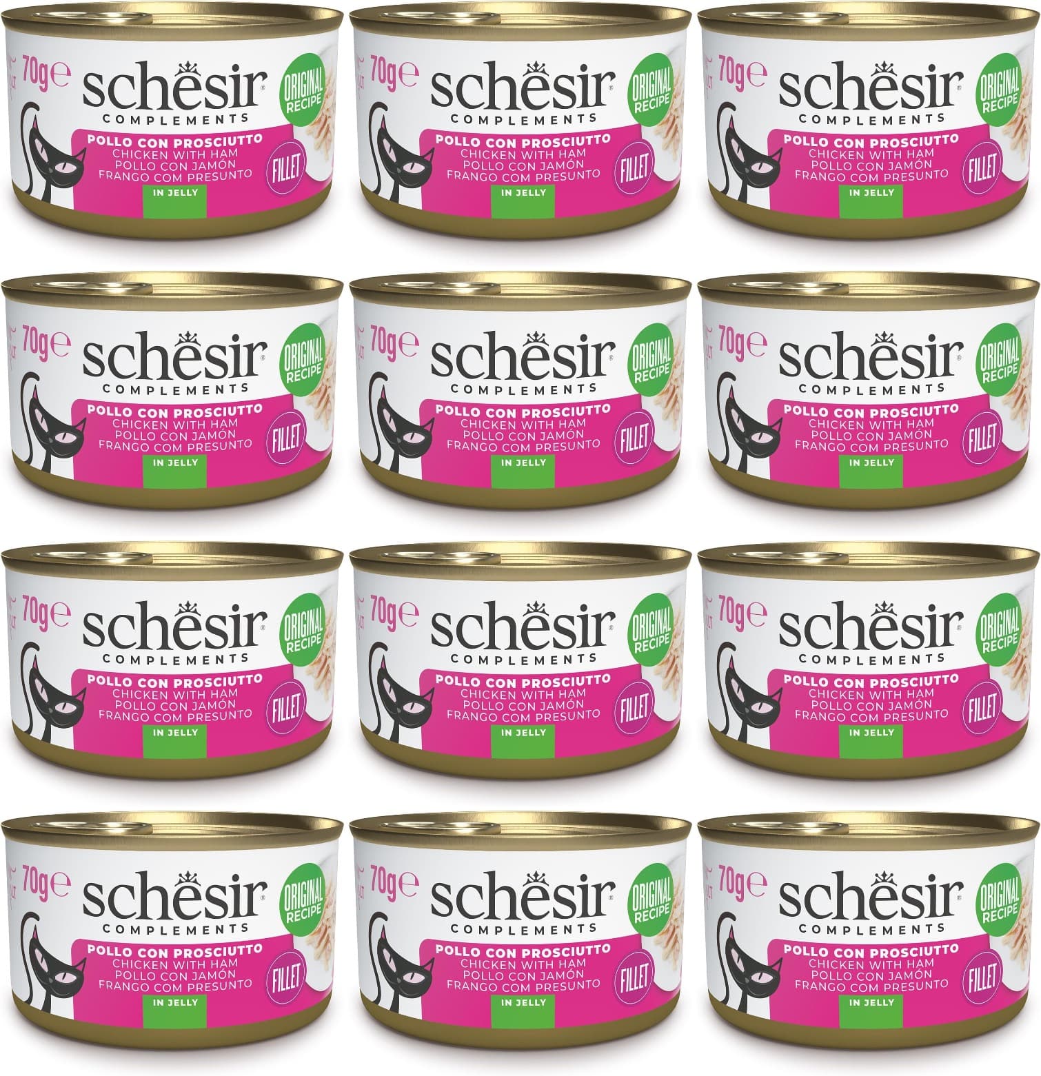 Schesir, Filetes de frango e presunto em gelatina, comida húmida complementar para gatos, em latas, receita original, 100% natural, 12 x 70 g