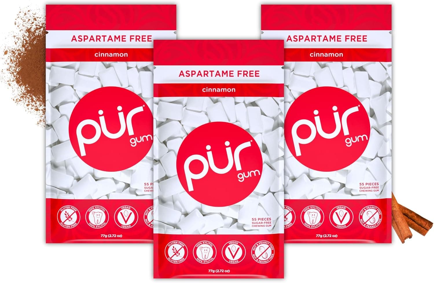 PUR Gum Chiclete sem açúcar | com Xilitol , vegano, sem partamo e sem glúten, pastilha natural com sabor a cinnamon, 55 peças, embalagem de 3 unidades