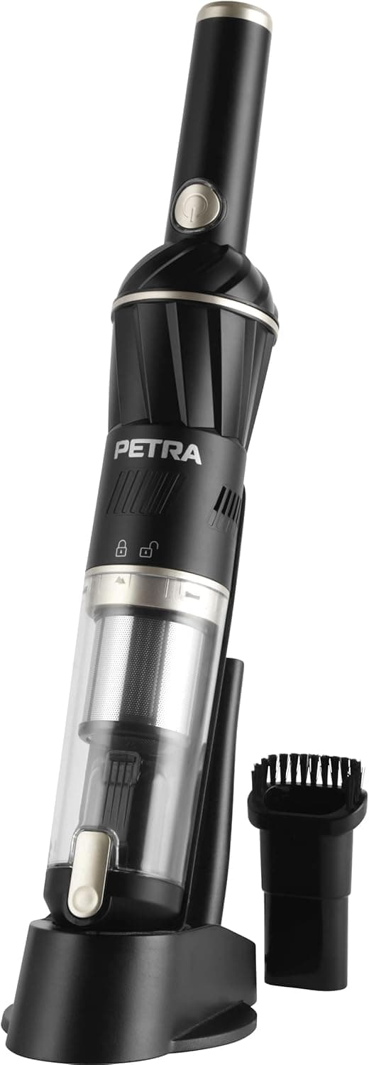 Petra PF01096VDEEU7 Aspirador de mão sem fio, 11,1 V, base de carregamento, potente bateria recarregável, 100 ml, filtro HEPA, 20 min de autonomia, remover pêlos de animal de estimação