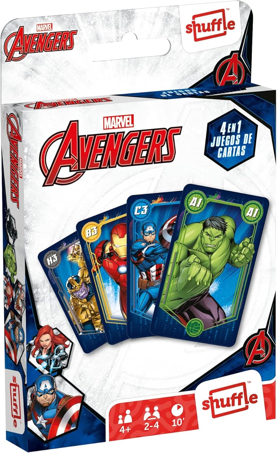 Shuffle Vingadores. Baralho de cartas infantis. 4 jogos em 1. Cartões ilustrados com personagens dos Vingadores. Versão em espanhol
