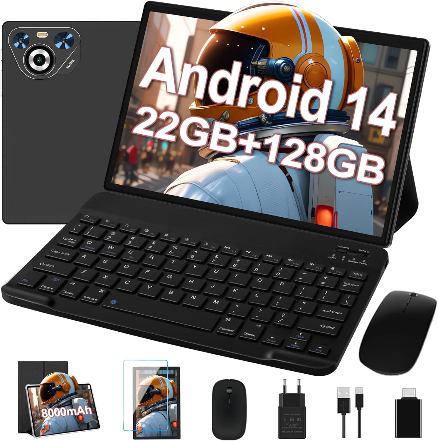 Dghrti Tablet Android de 10 polegadas, 22 GB RAM+128 GB ROM (1TB TF), CPU Octa-Core, 8000 mAh, Widevine L1, Dual WiFi, BT 5.0, Face ID, 5 MP+8 MP, com capa metálica, teclado Lado e rato - preto