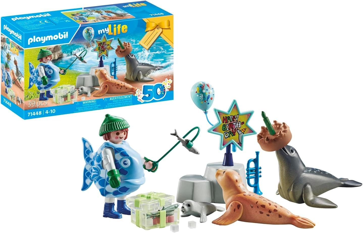 PLAYMOBIL myLife 71448 Cuidador com animais, festa de aniversário com duas focas e uma criação de foca, jogos de papel imaginativos, brinquedos para crianças a partir de 4 anos
