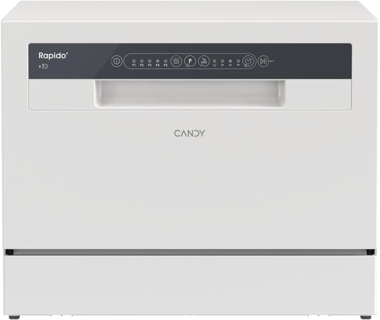 Candy CP 6E51LW Máquina de lavar louça pequena e compacta, 6 serviços, digital, 51DBA, 5 ciclos, carga média, início diferente 3-6-9 horas, indicador de sal e brilho, indicador de fim de ciclo, branco