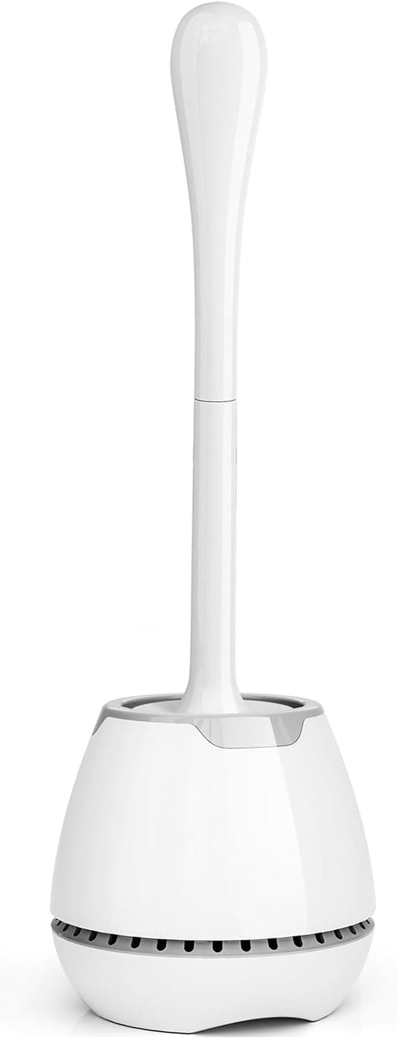 Escova e suporte, escova para sanita com suporte ventilado e cabo longo ergonómico, cerdas duráveis, conjunto de limpeza de casa de banho (branco)