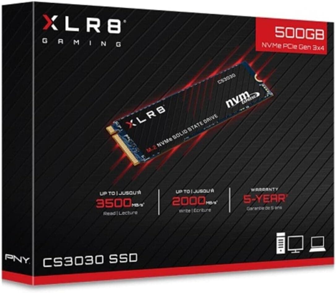 PNY XLR8 CS3030 Unidade de estado sólido M.2 500 GB PCI Express 3D TLC NVMe, disco rígido sólido (500 GB, M.2, 3500 MB/s), preto