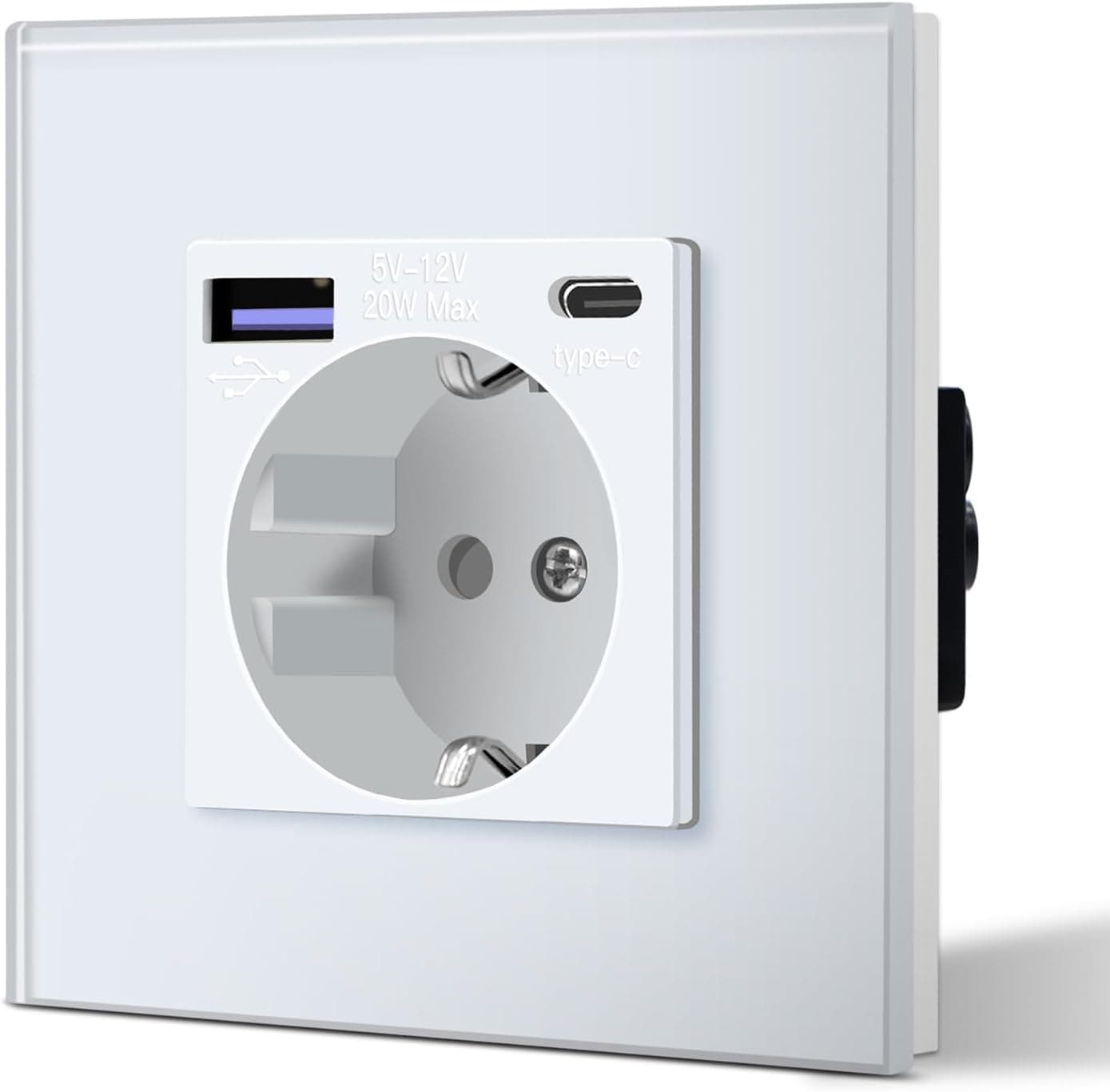 BSEED Tomada de parede com 20 W USB e tipo C, tomada USB C de vidro, carregamento rápido, 3 em 1, instalação fácil, 1 tomada, 86 mm branco