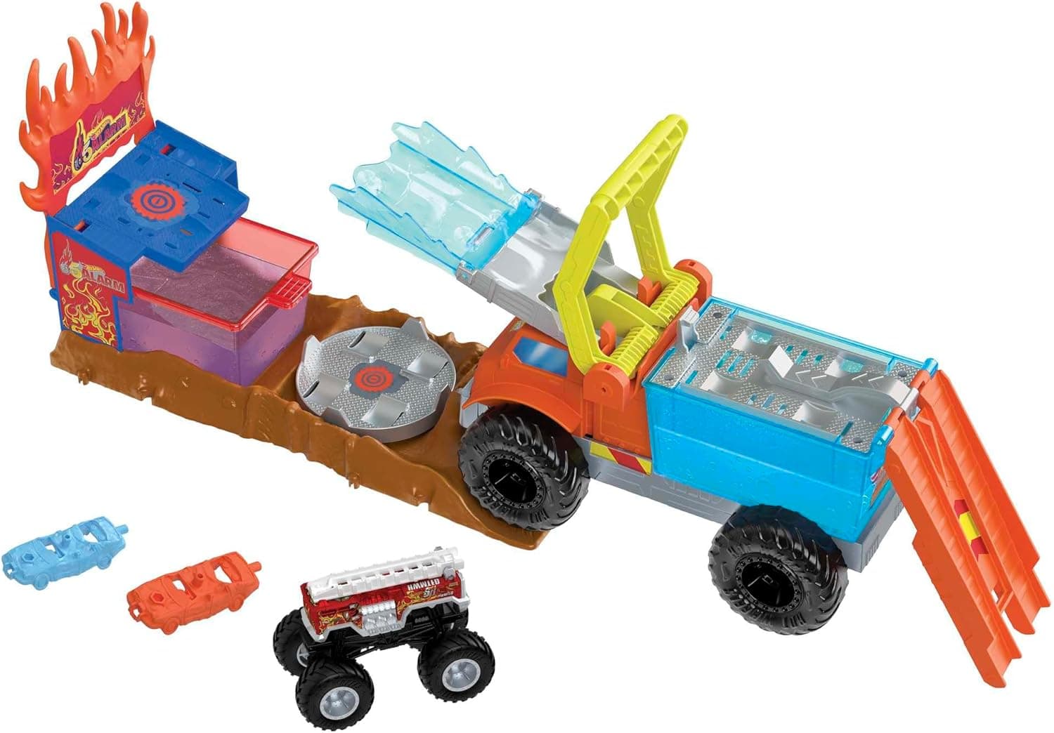 Hot Wheels Monster Trucks Arena World Color Shifter resgate 5 alarme camião de bombeiros pista para carros de brinquedo, 3 anos (Mattel HPN73)