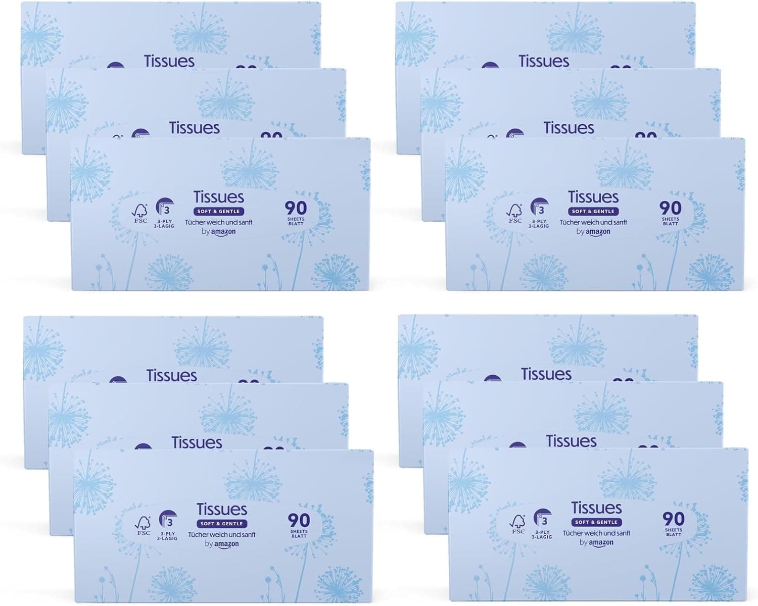 Amazon Brand - Presto! Lenços de 3 Camadas - 12 Caixas (12 x 90 Lenços) 