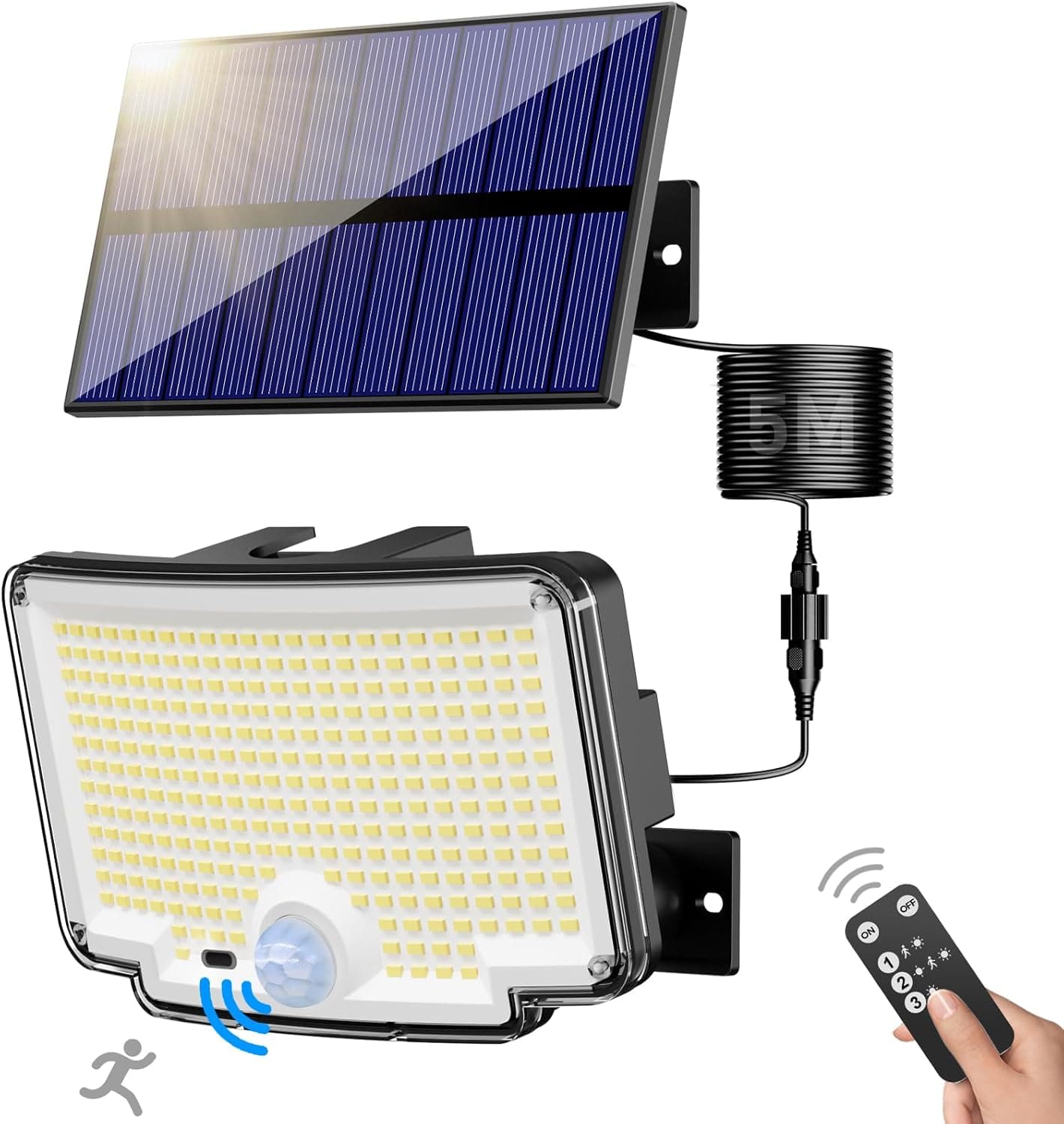 nipify Focos LED Solares 318 | Luz exterior com sensor de movimento, 270° iluminação, IP65 e comando remoto