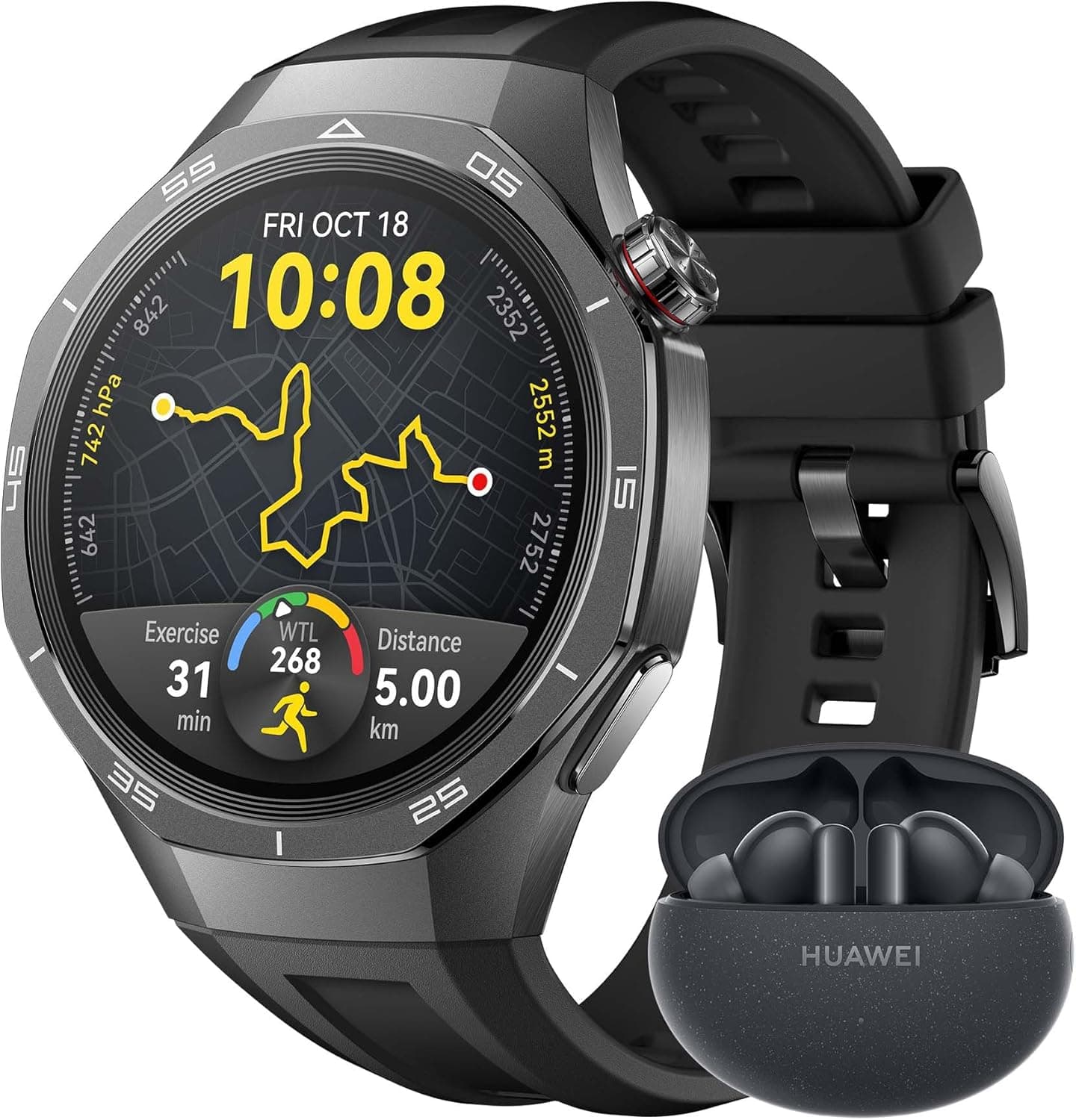 HUAWEI Watch GT 5 Pro 46 mm Smartwatch + FreeBuds 5i preto, silhueta com design sofisticado, desportos de alto nível, rastreamento de saúde, ECG, 14 dias de duração, GPS, chamada, iOS e Android, preto