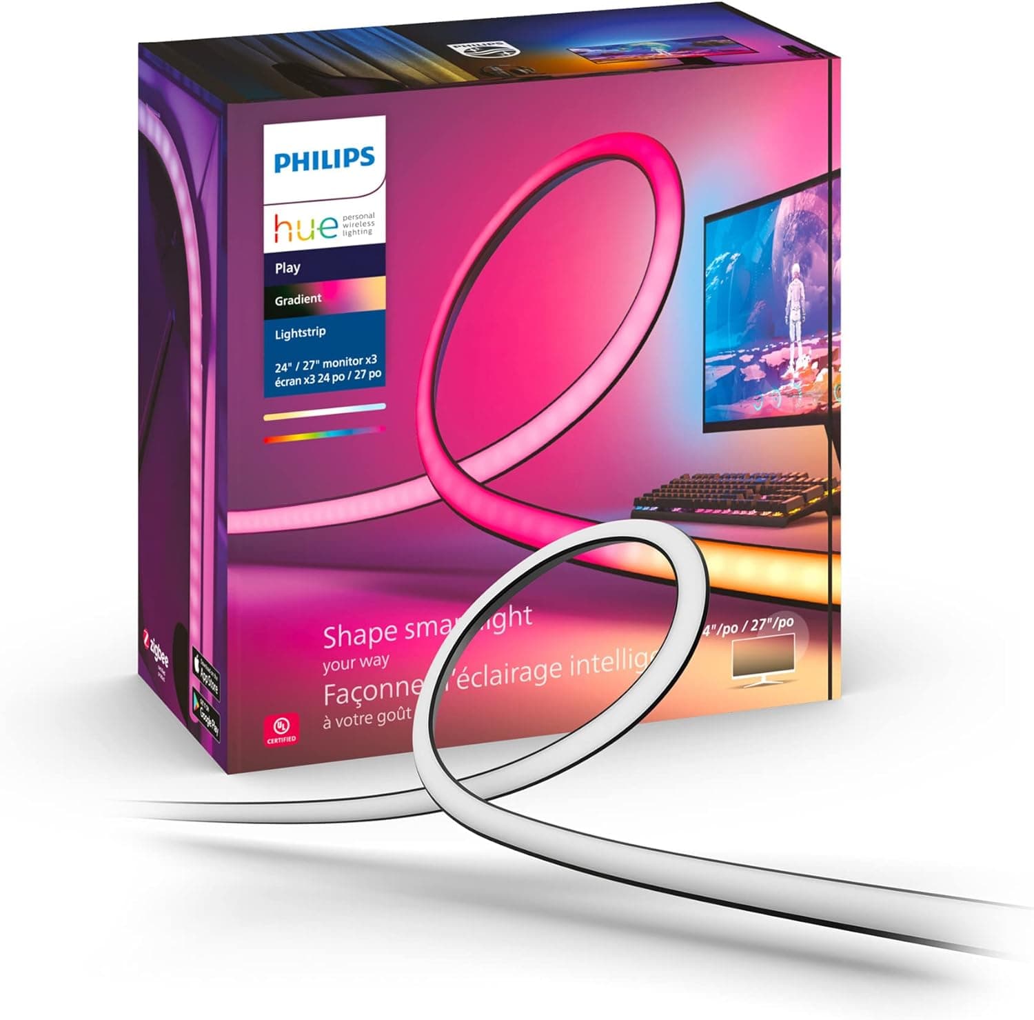 Philips Hue - Conjunto de 3 tiras de LED Hue Play Gradient para PC, 24-27", luz branca e colorida, sincroniza com o conteúdo do ecrã 