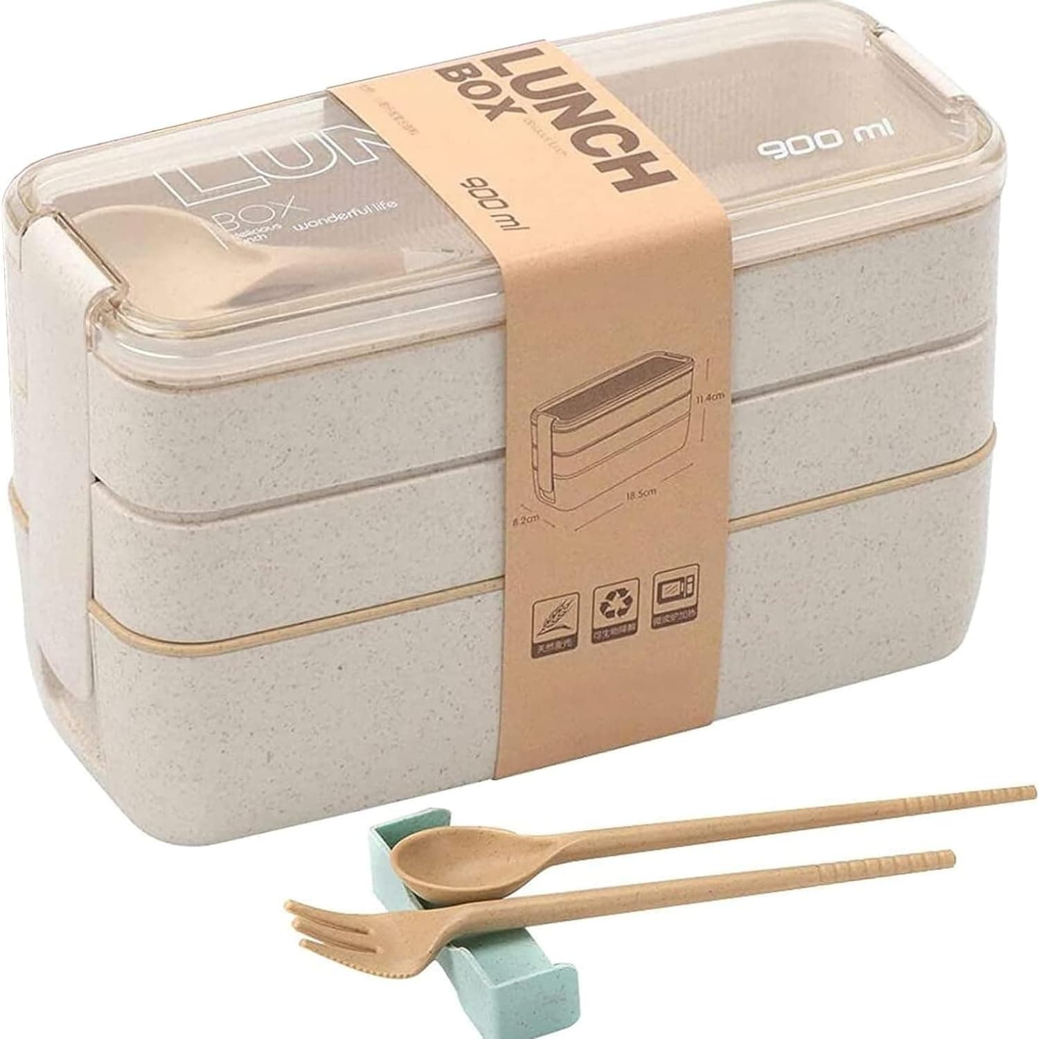 Lancheira, Lunch Box para adultos, Bento Box de 900 ml, toalhas de comida hermética, lancheira infantil com 3 compartimentos e talheres. Lancheira de trabalho, Lancheira bege, caixas de almoço de