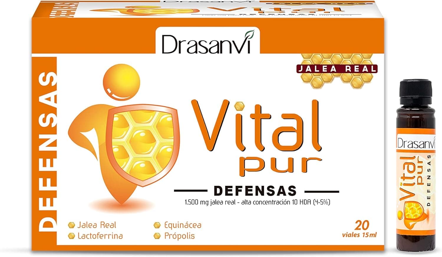DRASANVI VITALPUR Defensas - Geleia real própolis vitamina C equinácea Lactoferrina - contribui para o funcionamento normal do sistema imunitário, sem glúten, 20 frascos x 15 ml