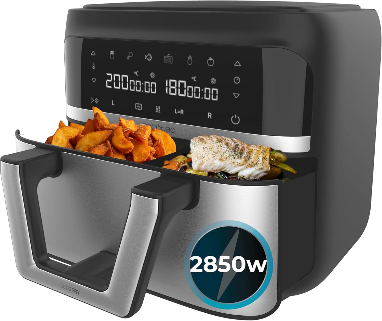 Cecotec Frigideira de ar sem óleo 9L divisível em 2 Air Fryer Cecofry Dual 9000 Essential. 2850W, Dietética e digital, painel de toque, temperatura dupla e regulável, 6 modos, tecnologia PerfectCook
