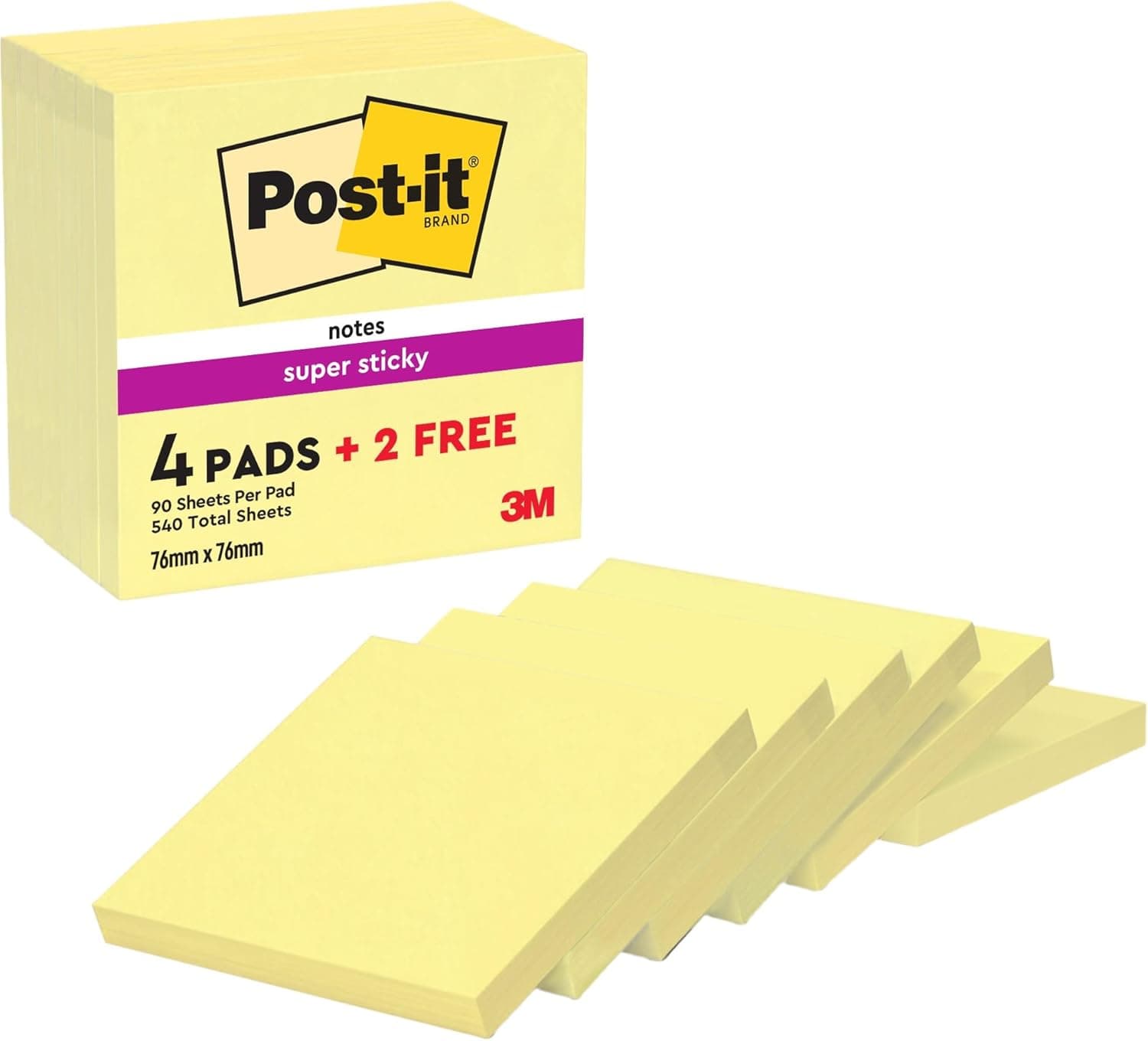Post-it Super Sticky Notas, Canary Yellow, 76 mm x 76 mm, 90 folhas/bloc, 4 blocs/pacote + 2 grátis - Notas extra adesivas para listas de tarefas e lembretes