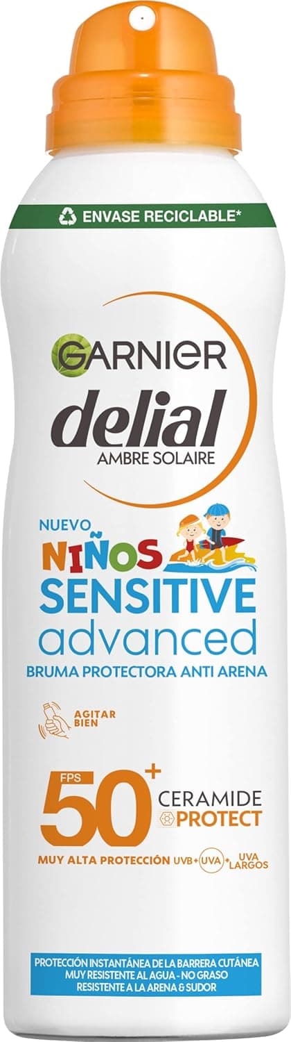 Garnier Delial spray solar infantil SPF50+ para peles claras e sensíveis, resistente à água, areia, sal e cloro, 150ml.