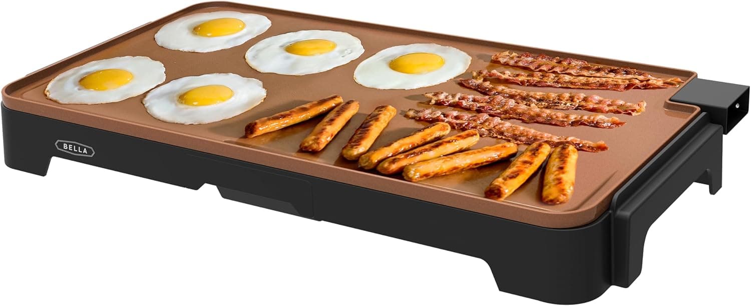 Ferro elétrico de cerâmica e titânio BELLA XL, prepare 15 ovos à vez, revestimento anti-aderente ecológico, limpeza simples, grande superfície de cozimento submergível, 30 x 56 cm, cobre/preto