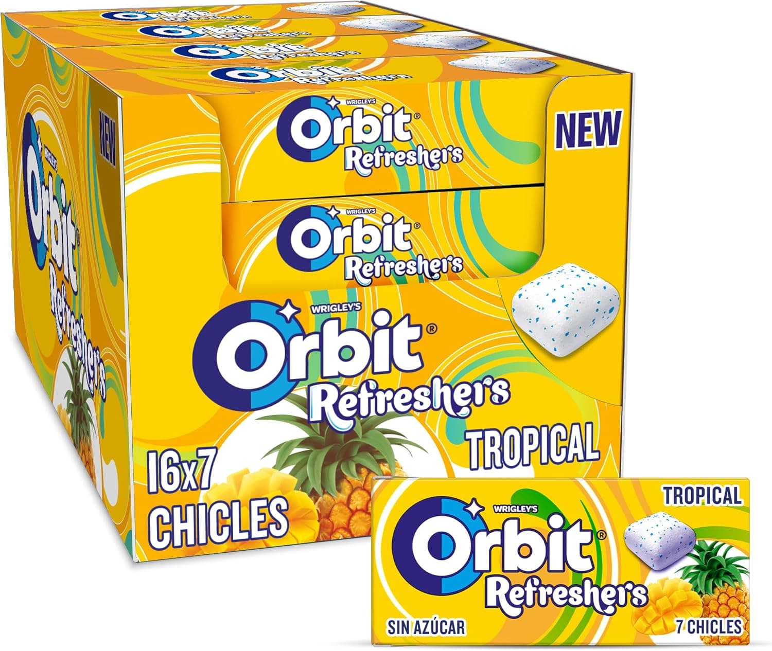 Orbit Refreshers Chicletes sem açúcar sabor tropical em formato drageia Handypack, 16 x 7 unidades
