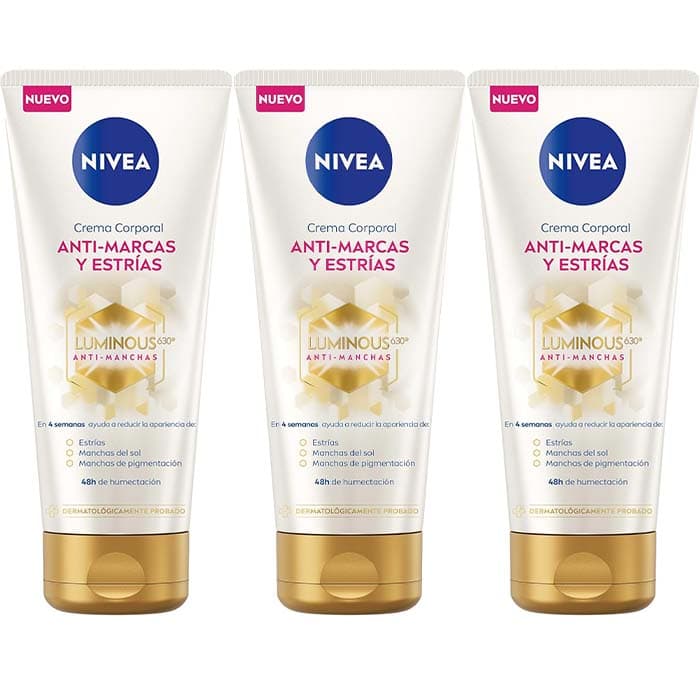 NIVEA Luminous 630 Sérum tratamento avançado corporal anti-estrias (3 x 100 ml), óleo corporal para um tom de pele uniforme, creme hidratante corporal com 48 h de hidratação