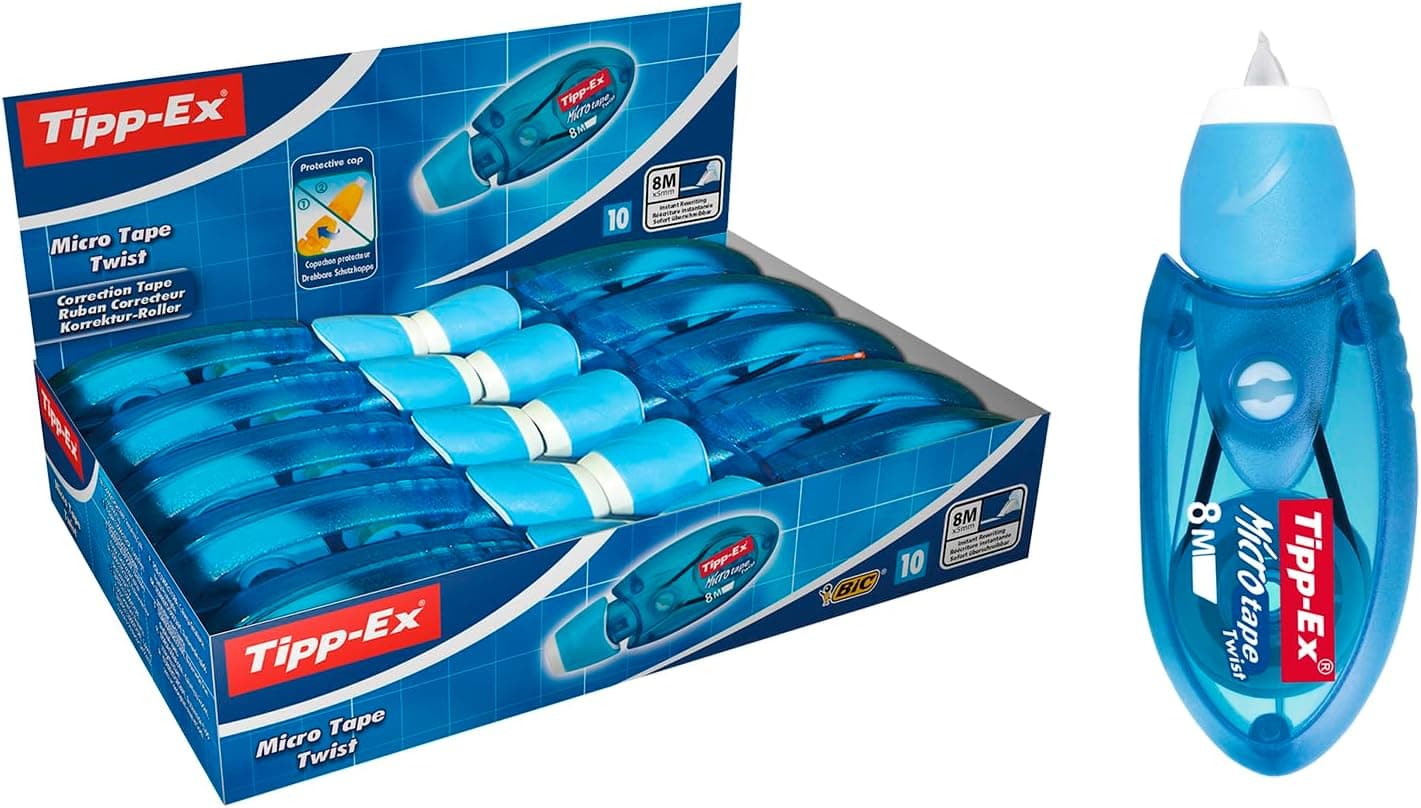 BIC Micro Tape Twist | Corretor em fita com cabeça rotativa, azul, caixa com 10 unidades